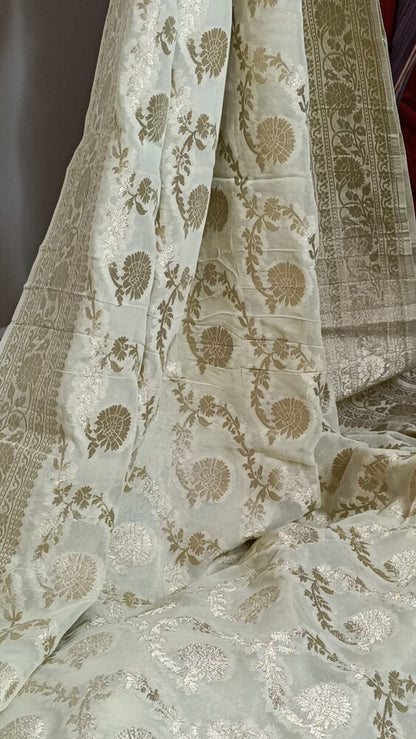 OFF WHITE FLORAL JAAL PURE BANARASI KHADDI GEORGETTE SAREE