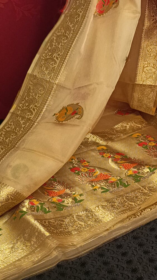 CREAM SIMPLE MANGO MOTIFS BANARASI ORGANZA SAREE