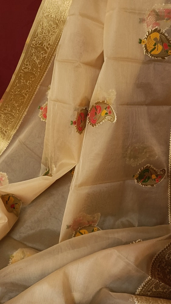 CREAM SIMPLE MANGO MOTIFS BANARASI ORGANZA SAREE