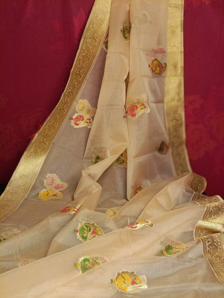 CREAM SIMPLE MANGO MOTIFS BANARASI ORGANZA SAREE