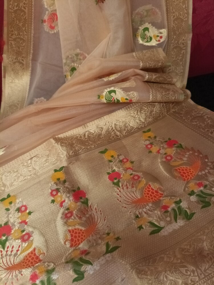 CREAM SIMPLE MANGO MOTIFS BANARASI ORGANZA SAREE