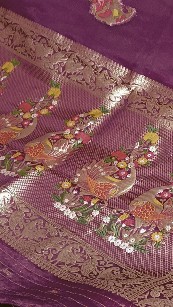 WINE MEENAKARI MANGO MOTIFS BANARASI ORGANZA SAREE