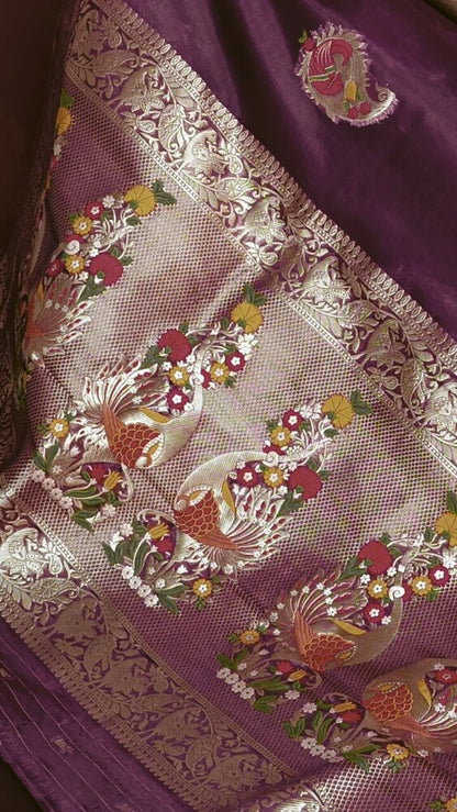 WINE MEENAKARI MANGO MOTIFS BANARASI ORGANZA SAREE