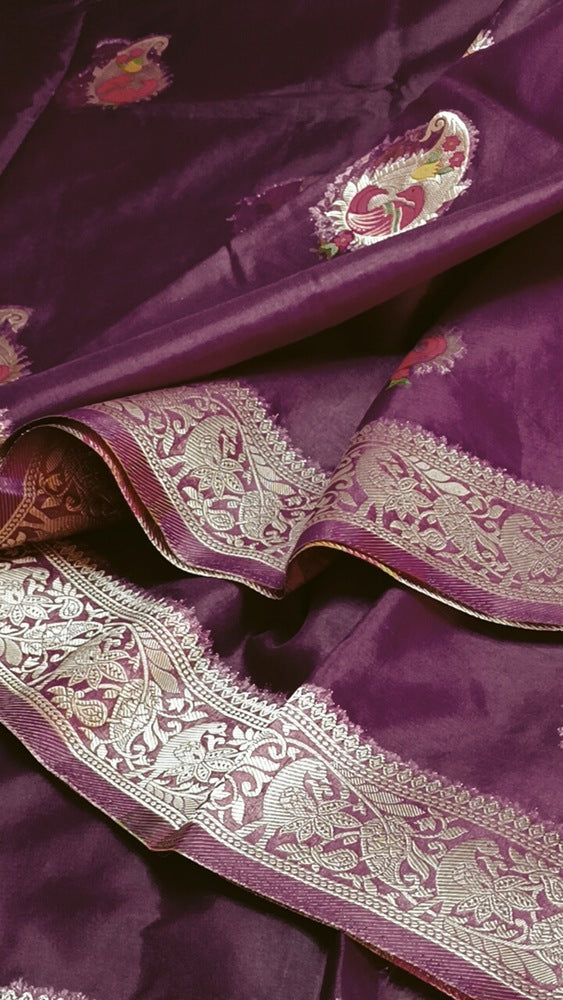 WINE MEENAKARI MANGO MOTIFS BANARASI ORGANZA SAREE