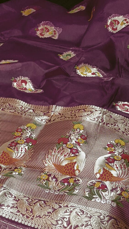 WINE MEENAKARI MANGO MOTIFS BANARASI ORGANZA SAREE