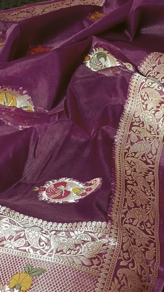 WINE MEENAKARI MANGO MOTIFS BANARASI ORGANZA SAREE