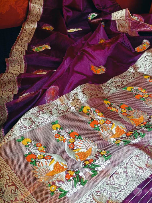 WINE MEENAKARI MANGO MOTIFS BANARASI ORGANZA SAREE