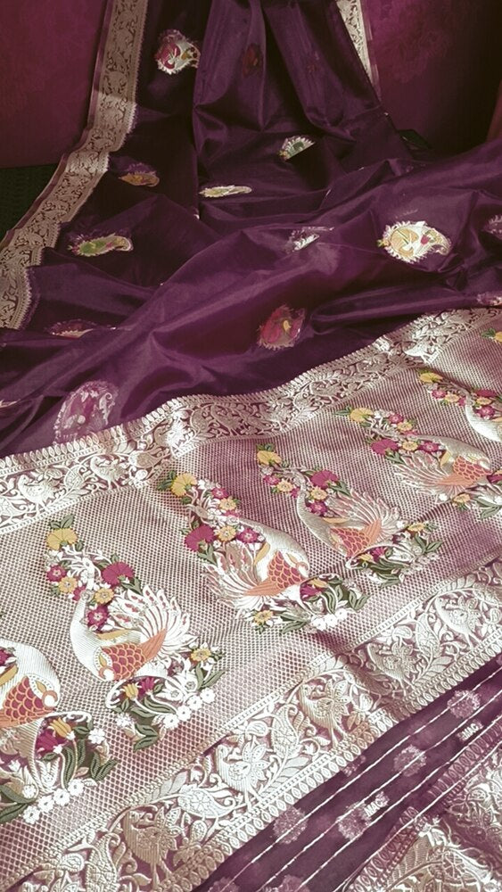 WINE MEENAKARI MANGO MOTIFS BANARASI ORGANZA SAREE