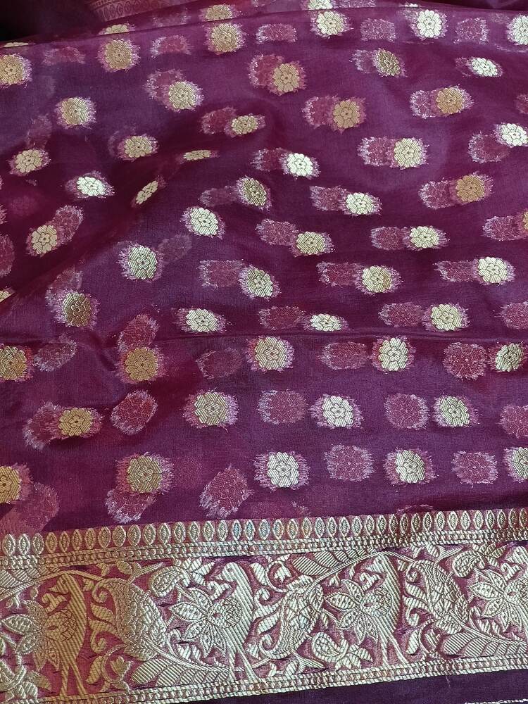 WINE MEENAKARI MANGO MOTIFS BANARASI ORGANZA SAREE