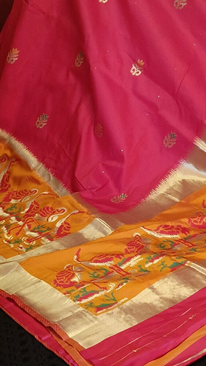 RANI PINK CRANE SEQUIN BANARASI KATAN SILK SAREE