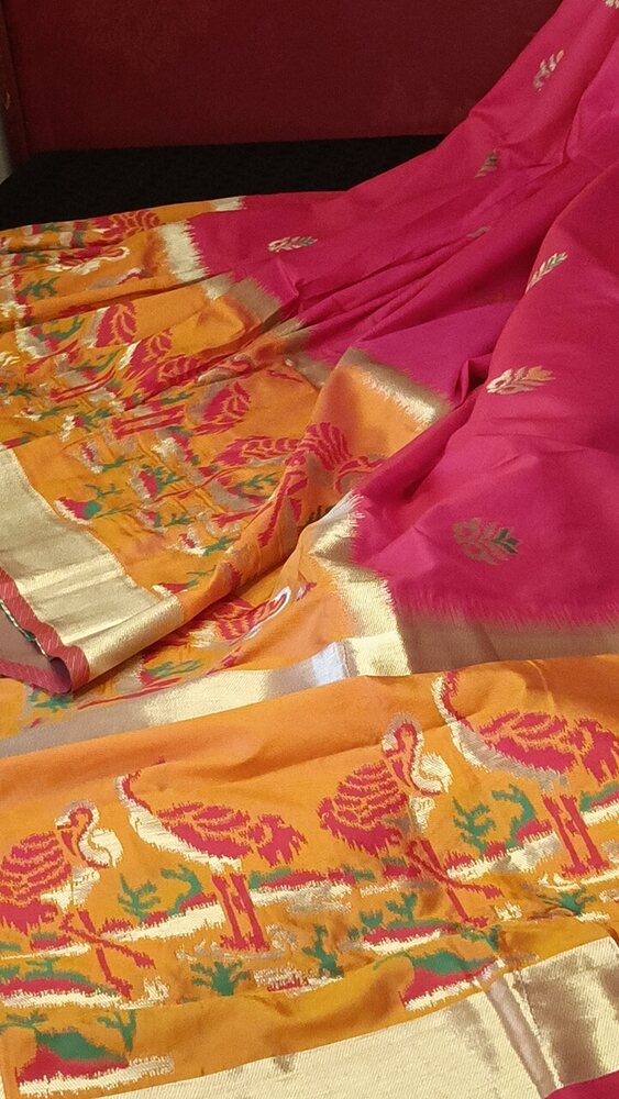 RANI PINK CRANE SEQUIN BANARASI KATAN SILK SAREE