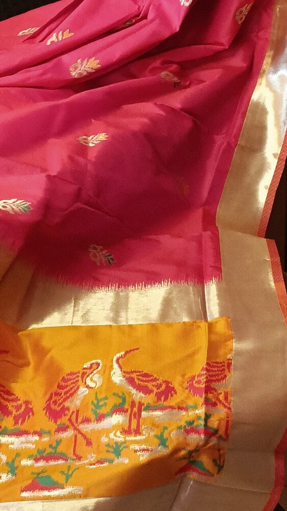 RANI PINK CRANE SEQUIN BANARASI KATAN SILK SAREE