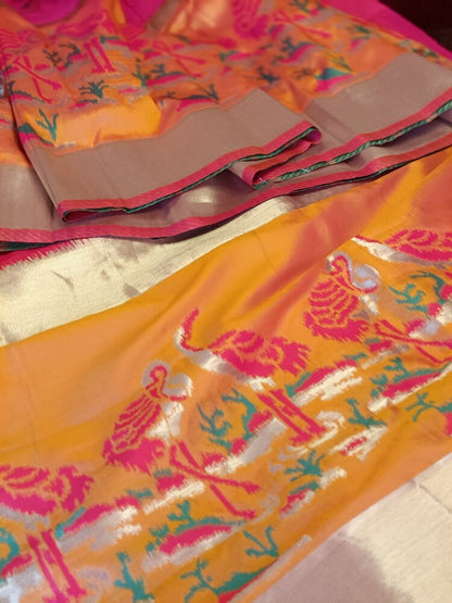 RANI PINK CRANE SEQUIN BANARASI KATAN SILK SAREE