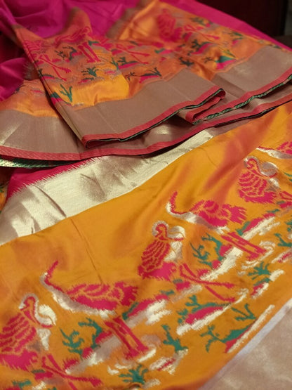 RANI PINK CRANE SEQUIN BANARASI KATAN SILK SAREE