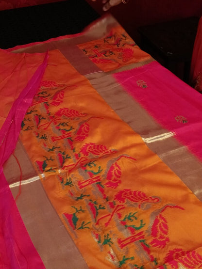 RANI PINK CRANE SEQUIN BANARASI KATAN SILK SAREE