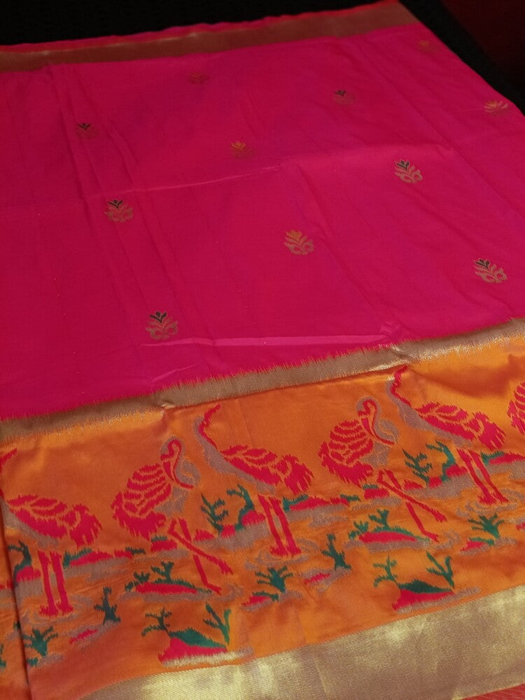 RANI PINK CRANE SEQUIN BANARASI KATAN SILK SAREE