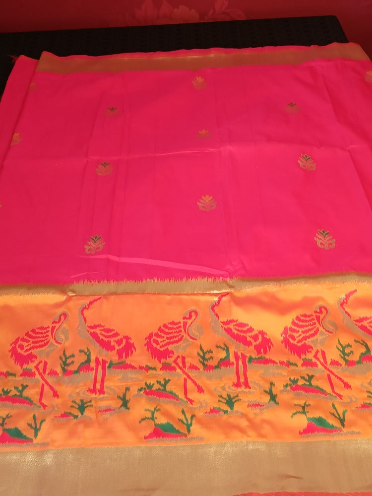 RANI PINK CRANE SEQUIN BANARASI KATAN SILK SAREE