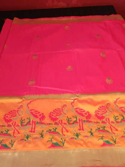 RANI PINK CRANE SEQUIN BANARASI KATAN SILK SAREE