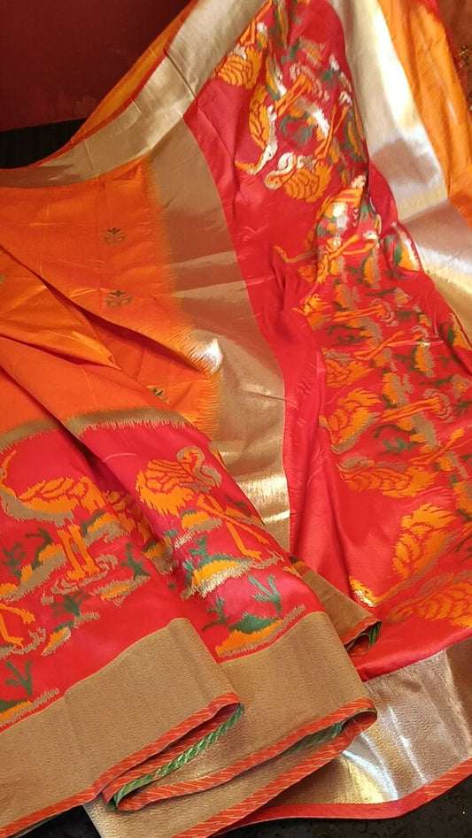 GOLDEN YELLOW ORANGE CRANE SEQUIN BANARASI KATAN SILK SAREE