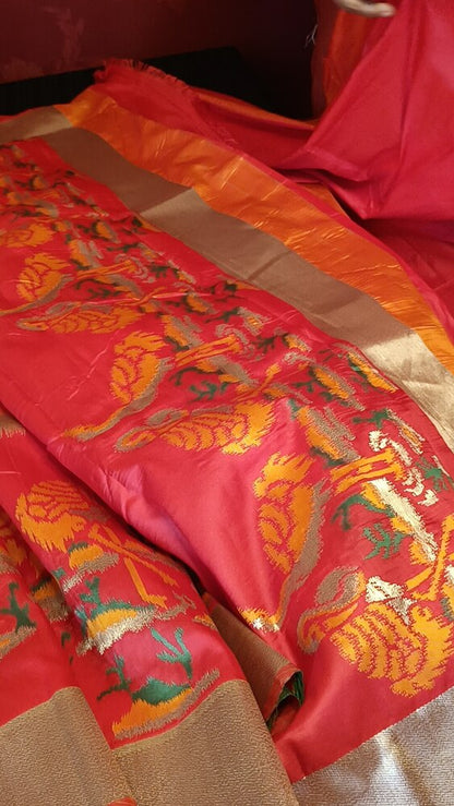 GOLDEN YELLOW ORANGE CRANE SEQUIN BANARASI KATAN SILK SAREE