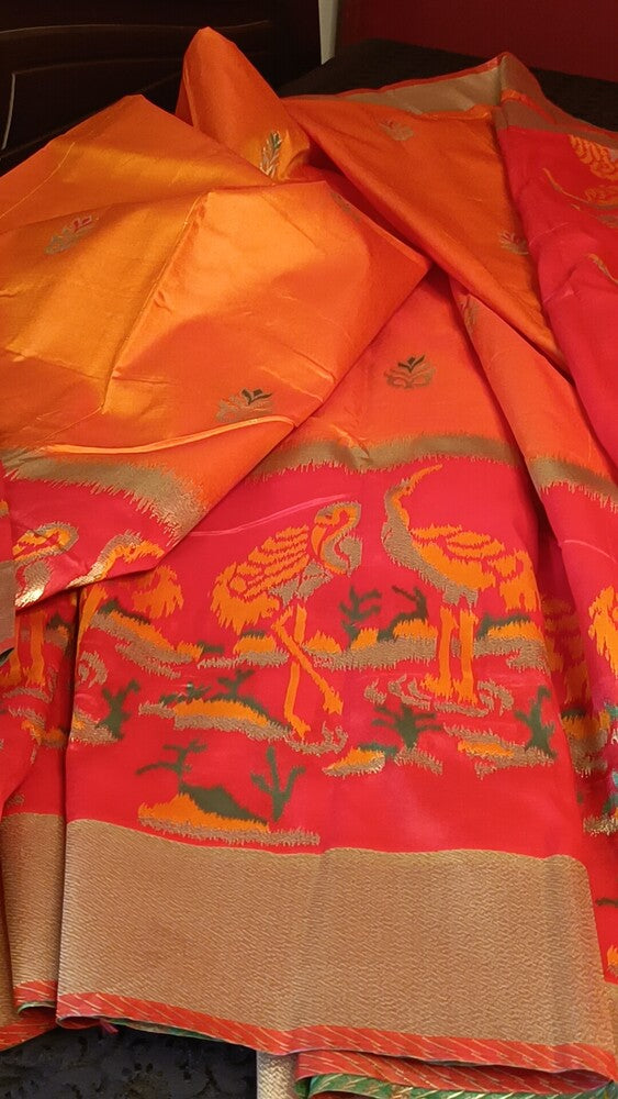 GOLDEN YELLOW ORANGE CRANE SEQUIN BANARASI KATAN SILK SAREE