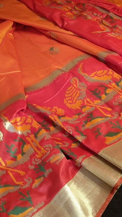 GOLDEN YELLOW ORANGE CRANE SEQUIN BANARASI KATAN SILK SAREE