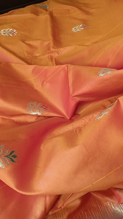 GOLDEN YELLOW ORANGE CRANE SEQUIN BANARASI KATAN SILK SAREE