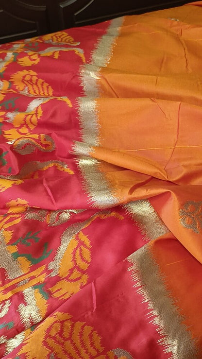 GOLDEN YELLOW ORANGE CRANE SEQUIN BANARASI KATAN SILK SAREE