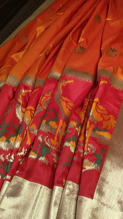 GOLDEN YELLOW ORANGE CRANE SEQUIN BANARASI KATAN SILK SAREE