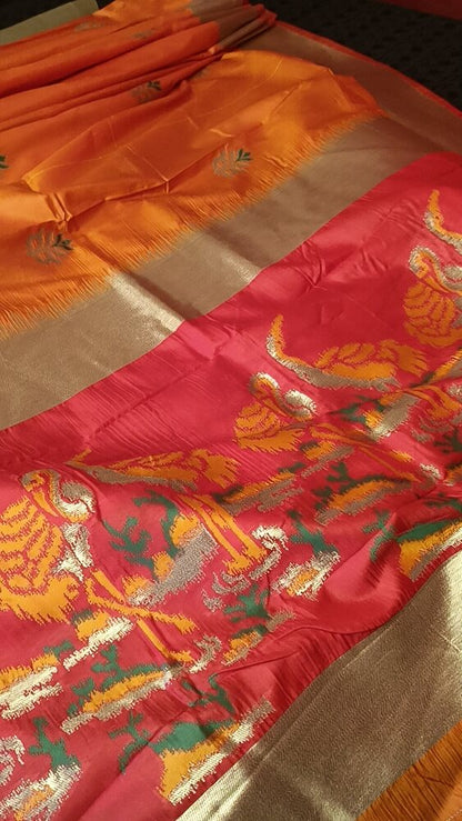 GOLDEN YELLOW ORANGE CRANE SEQUIN BANARASI KATAN SILK SAREE