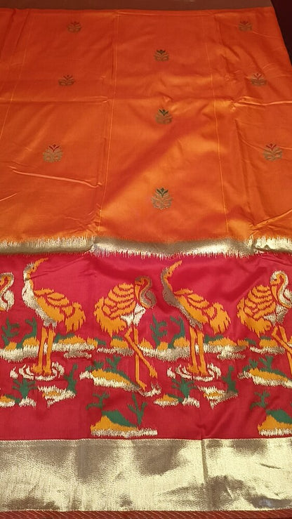 GOLDEN YELLOW ORANGE CRANE SEQUIN BANARASI KATAN SILK SAREE