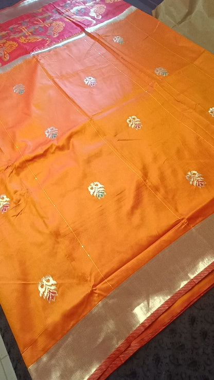 GOLDEN YELLOW ORANGE CRANE SEQUIN BANARASI KATAN SILK SAREE