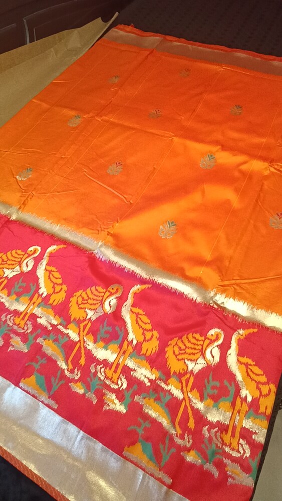 GOLDEN YELLOW ORANGE CRANE SEQUIN BANARASI KATAN SILK SAREE