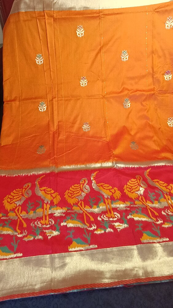 GOLDEN YELLOW ORANGE CRANE SEQUIN BANARASI KATAN SILK SAREE