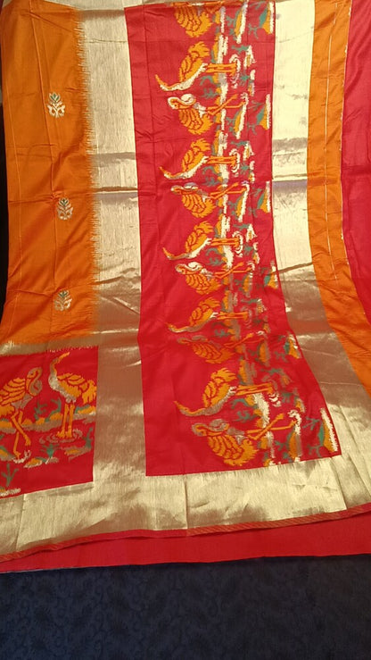 GOLDEN YELLOW ORANGE CRANE SEQUIN BANARASI KATAN SILK SAREE