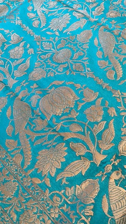 ANANDA BLUE PARROT PEACOCK ROSE BUTTA MOTIFS BANARASI SEMI SILK SAREE