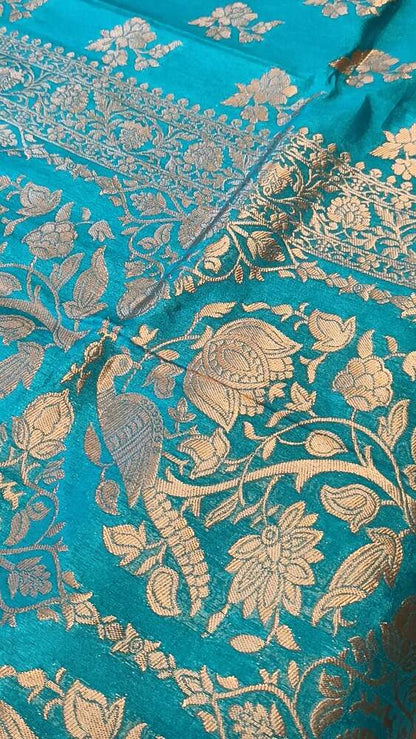 ANANDA BLUE PARROT PEACOCK ROSE BUTTA MOTIFS BANARASI SEMI SILK SAREE