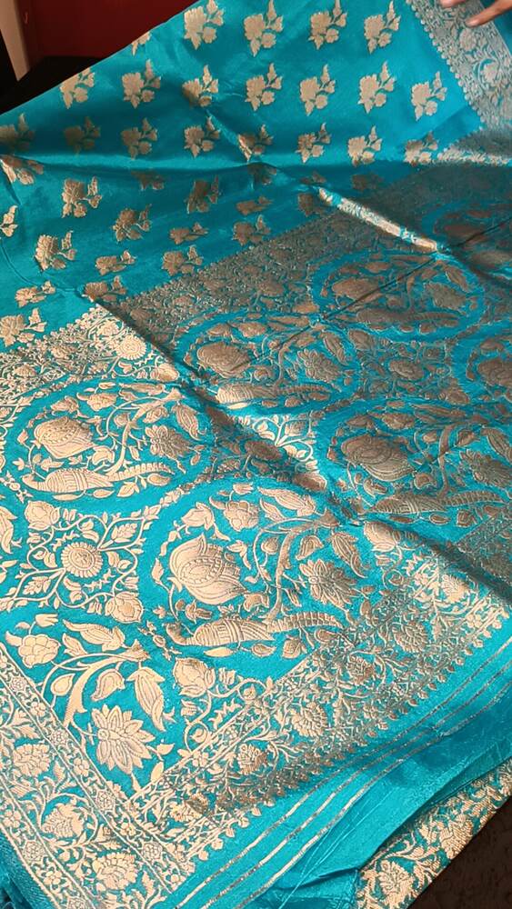 ANANDA BLUE PARROT PEACOCK ROSE BUTTA MOTIFS BANARASI SEMI SILK SAREE