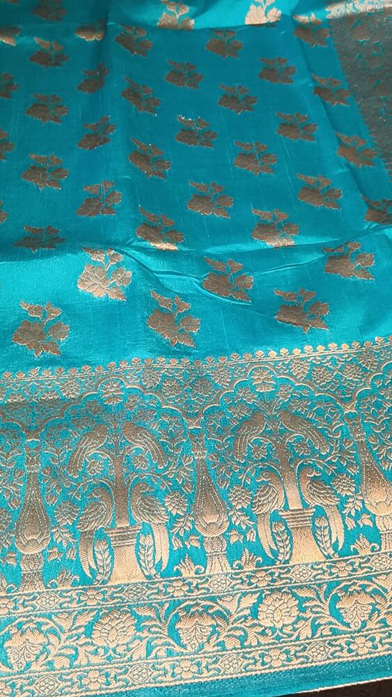 ANANDA BLUE PARROT PEACOCK ROSE BUTTA MOTIFS BANARASI SEMI SILK SAREE