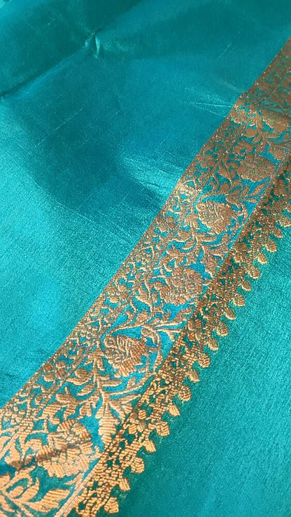 ANANDA BLUE PARROT PEACOCK ROSE BUTTA MOTIFS BANARASI SEMI SILK SAREE