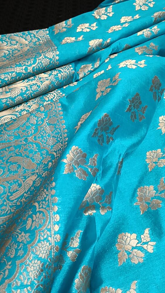 ANANDA BLUE PARROT PEACOCK ROSE BUTTA MOTIFS BANARASI SEMI SILK SAREE