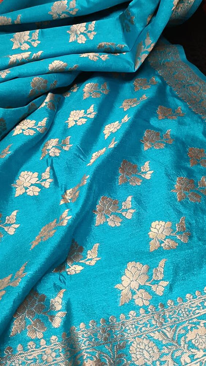 ANANDA BLUE PARROT PEACOCK ROSE BUTTA MOTIFS BANARASI SEMI SILK SAREE