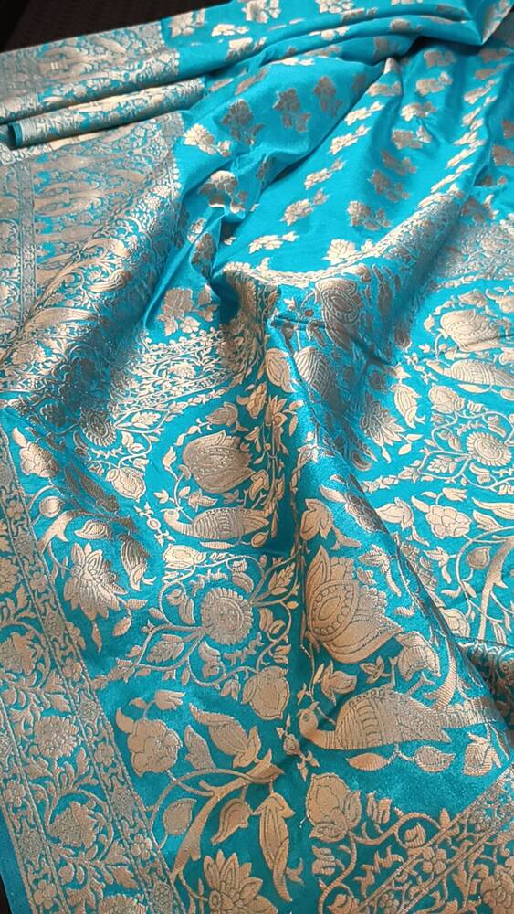 ANANDA BLUE PARROT PEACOCK ROSE BUTTA MOTIFS BANARASI SEMI SILK SAREE