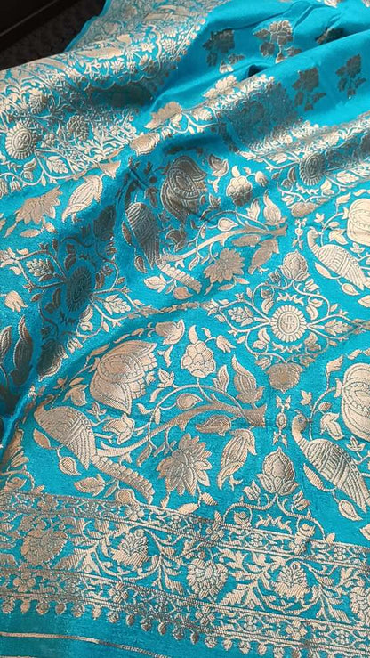 ANANDA BLUE PARROT PEACOCK ROSE BUTTA MOTIFS BANARASI SEMI SILK SAREE