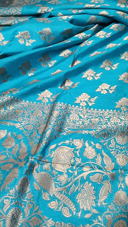 ANANDA BLUE PARROT PEACOCK ROSE BUTTA MOTIFS BANARASI SEMI SILK SAREE