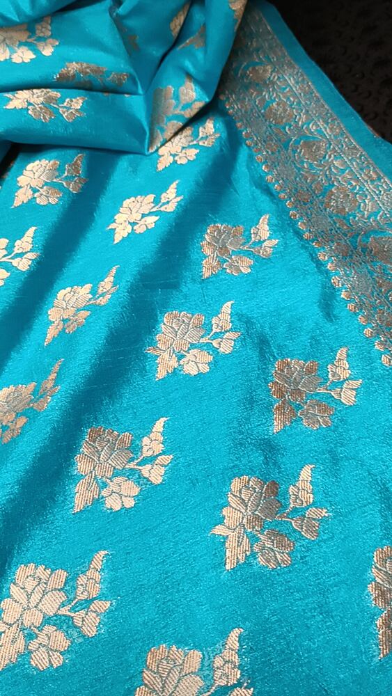 ANANDA BLUE PARROT PEACOCK ROSE BUTTA MOTIFS BANARASI SEMI SILK SAREE