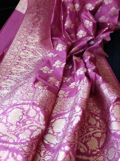 VIOLET PARROT PEACOCK ROSE BUTTA MOTIFS BANARASI SEMI SILK SAREE