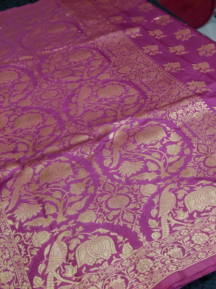 VIOLET PARROT PEACOCK ROSE BUTTA MOTIFS BANARASI SEMI SILK SAREE