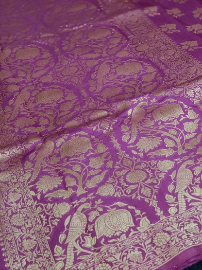 VIOLET PARROT PEACOCK ROSE BUTTA MOTIFS BANARASI SEMI SILK SAREE