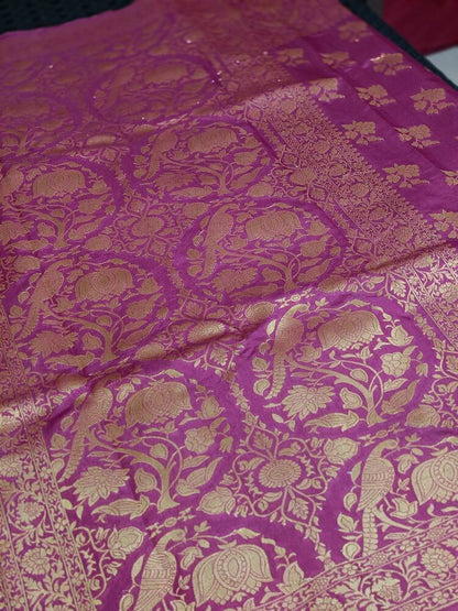 VIOLET PARROT PEACOCK ROSE BUTTA MOTIFS BANARASI SEMI SILK SAREE